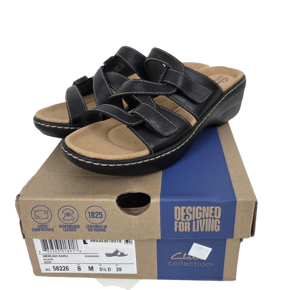 Clarks Merliah Karli Leather Slip On Sandals NEW Black Womens 8 Comfort Mule
